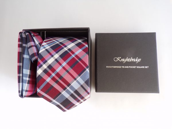 RED AND BLUE CHECKED TIE AND POCKET SQUARE