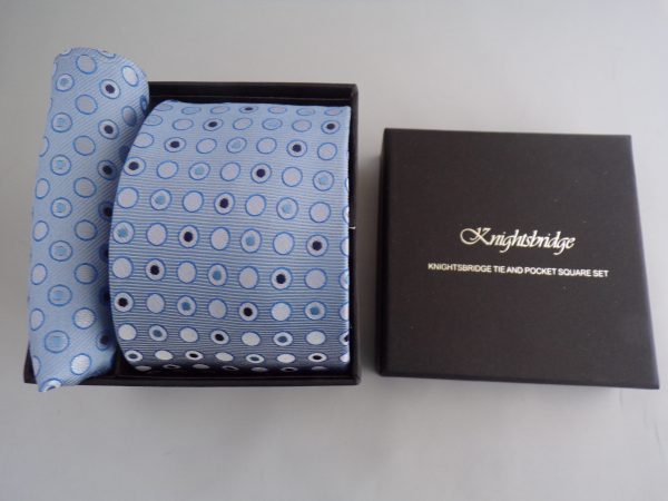 SKY BLUE / NAVY SPOTTED WEDDING TIE AND POCKET SQUARE SET