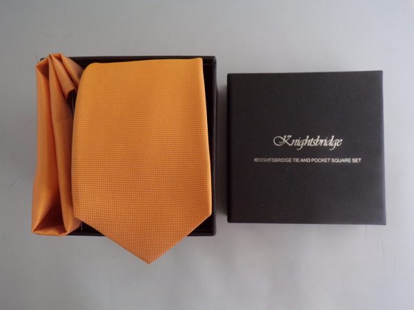 Plain tangerine woven silk tie and pocket square set