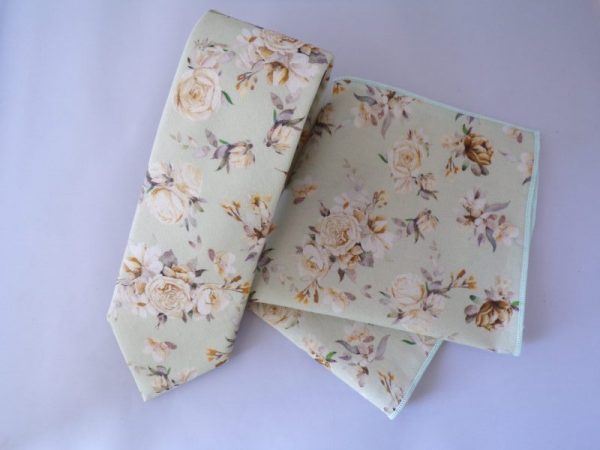 CREAM/SAGE GREEN FLORAL TIE AND POCKET SQUARE