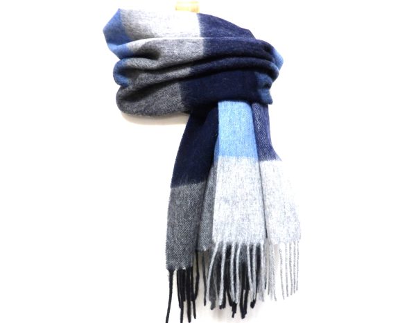Blue And Grey Large Checked Pure Wool Unisex Scarf