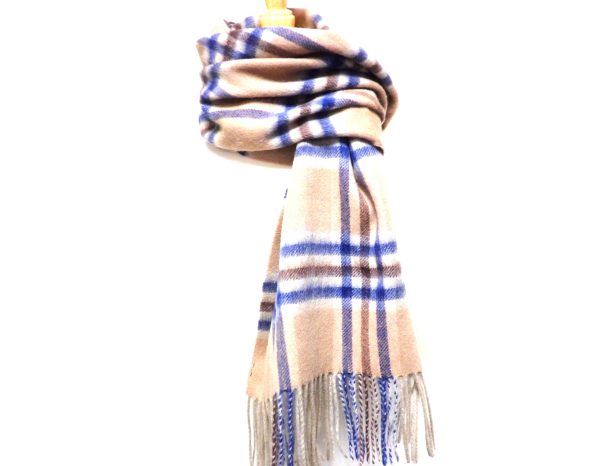 Beige and Blue Checked Pure Wool Scarf