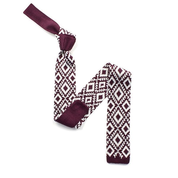 Burgundy/white diamond silk knitted tie-0