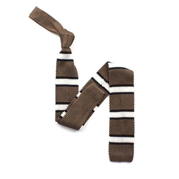 Taupe/white striped silk knitted tie-0