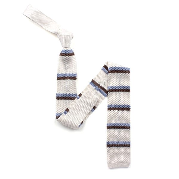 White/blue/brown striped silk knitted tie-0