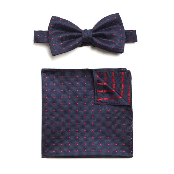 NAVY/RED SPOTTED SILK BOW WITH MATCHING POCKET SQUARE-0