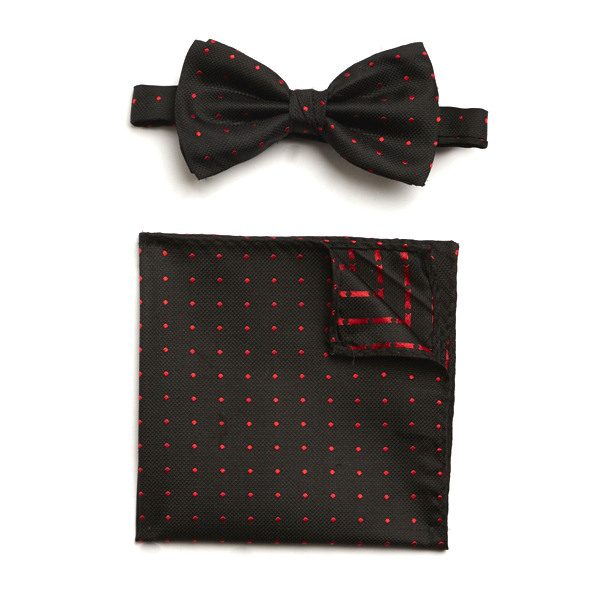 BLACK/RED SPOTTED SILK BOW WITH MATCHING POCKET SQUARE
