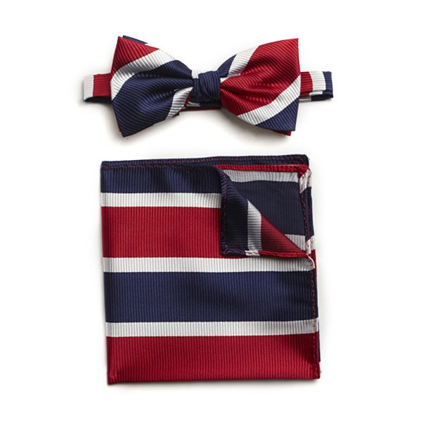 RED/WHITE/NAVY STRIPED SILK BOW WITH MATCHING POCKET SQUARE-0