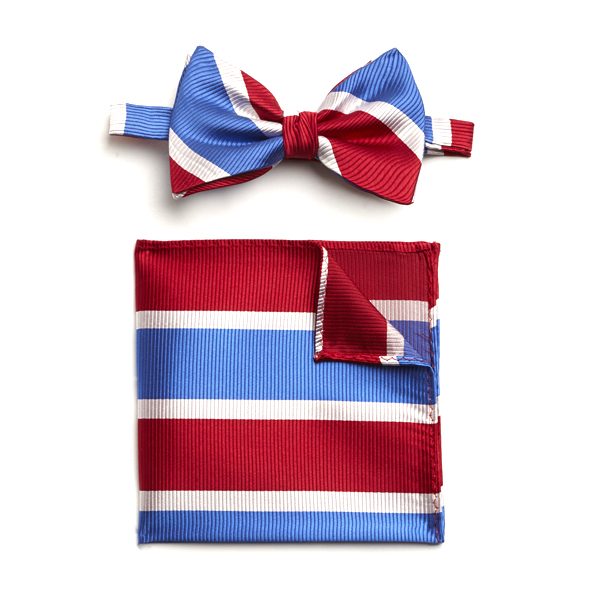 RED/WHITE/BLUE STRIPED SILK BOW WITH MATCHING POCKET SQUARE-0