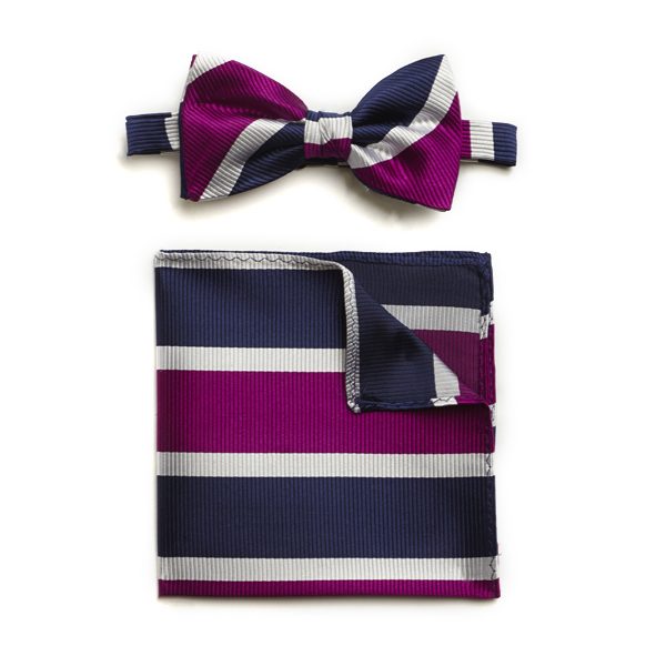 NAVY PURPLE WHITE BOLD STRIPE SILK BOW WITH MATCHING POCKET SQUARE-0