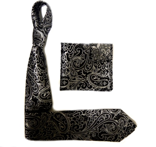 BLACK/SILVER damask SILK TIE AND POCKET SQUARE-0