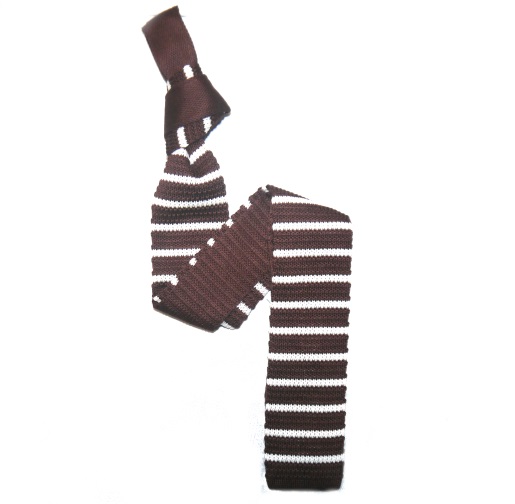 Chocolate Brown/White Slim Stripes Knitted Tie -0