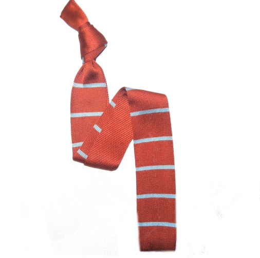 Burnt Orange/Aqua Slim Stripes Silk Knitted Tie -0