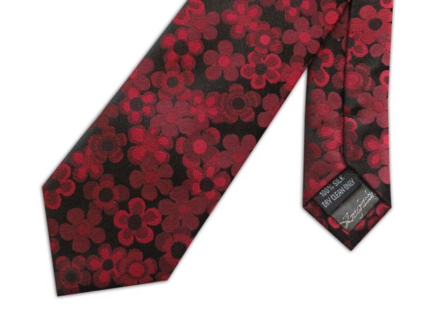 RED/BLACK 70'S FLORAL WOVEN SILK TIE-0
