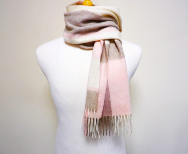 BEIGE AND SOFT PINK WINDOW PANE CHECK PURE WOOL UNISEX SCARF